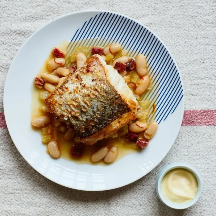 Pan-fried hake, white bean & chorizo broth (Spanish Seafood)